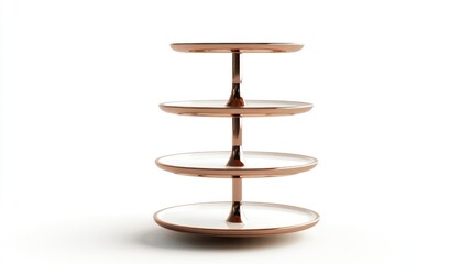 Modern tiered serving stand with four white ceramic plates and rose gold accents