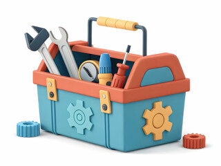 Colorful cartoon toolbox with tools and gears on a white background