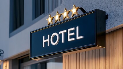 Illuminated hotel sign with four stars mounted on a building exterior