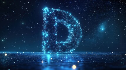 Abstract glowing letter D on a starry night background with water reflection.
