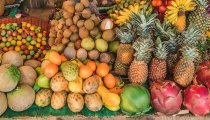 Colorful display of exotic tropical fruits at a local market showcasing diverse produce and vibrant colors