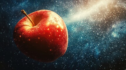 A  red  floats in a vibrant cosmic backdrop.