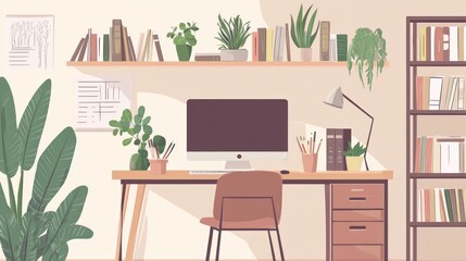Home office, plants, books, computer, work