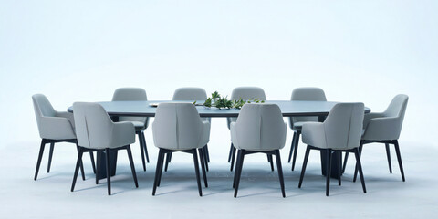 Obraz premium Modern Oval Dining Table with Ten Light Grey Upholstered Chairs in a Minimalist Setting