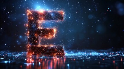 Abstract glowing letter E, illuminated by vibrant energy lines, on a dark reflective surface, with digital particles and cosmic bokeh effects.