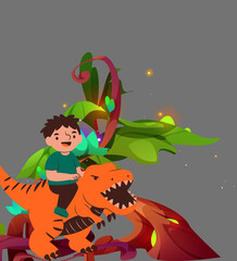 a boy rides a trex dinosaur © Rizky
