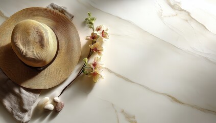 A straw hat, linen cloth, flowers, and seashells arranged on a light marble surface, evoking a relaxed, summery vibe , Social media influence marketing.