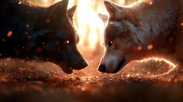 Two Wolves Facing Each Other in Warm Light