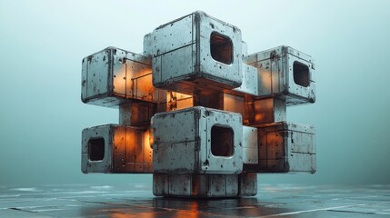 Fototapeta premium Abstract cube structure made of metal blocks with glowing interior light.