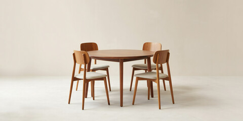 Modern Round Wooden Dining Table with Four Light Beige Upholstered Chairs