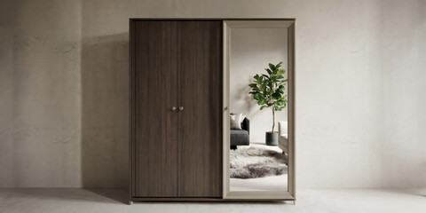 Fototapeta premium Modern Sliding Door Wardrobe with Mirrored Panel in Minimalist Room Setting