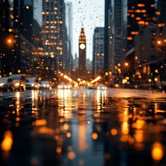Obraz premium Rainy City Street with Glowing Reflections from Cars and Street Lamps