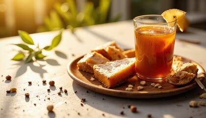 Refreshing tea with sweet treats outdoor table food photography natural light close-up cozy vibe