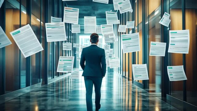 Business Professional Walking Through a Paperstorm in Modern Office