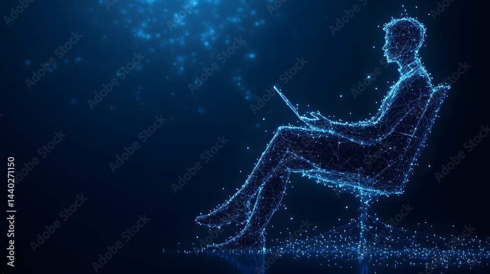 Fototapete futuristic concept featuring a man using a tablet, rendered in a glowing blue wireframe. a technolog