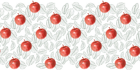 Watercolor seamless pattern with apples, pears framed
by calligraphic swirls and abstract contours