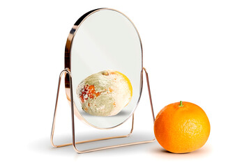 Fresh tangerine reflecting in mirror as rotten, white background. Opposite, contrast, difference