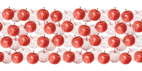 Watercolor seamless pattern with apples, pears framed
by calligraphic swirls and abstract contours