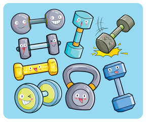 Kawaii and funny dumbbell cartoon character illustration set