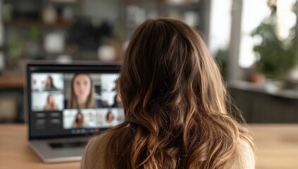 A woman participates in a video conference from home, viewed from behind, with multiple people on her laptop screen , Social media influence marketing.