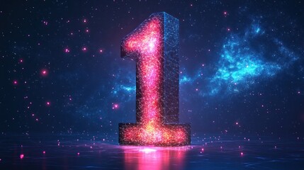 Glowing number one on a reflective surface against a starry nebula background.