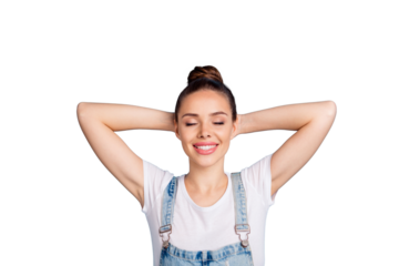 Top high angle photo of lovely youth with her eyes closed wearing white t-shirt denim jeans overalls isolated over blue background