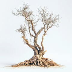 Bare tree with exposed roots on white background
