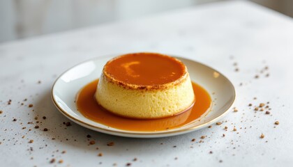 Delicious flan dessert restaurant kitchen food photography cozy atmosphere top-down view creamy delight
