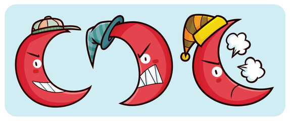 Funny and cute crescent moon cartoon character with angry face illustration set