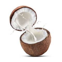 Halves of ripe coconut and splashing milk on white background