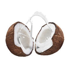 Halves of ripe coconut and splashing milk on white background