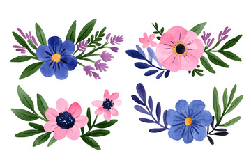 Obraz premium Watercolor wildflowers and leaves illustration set isolated on white