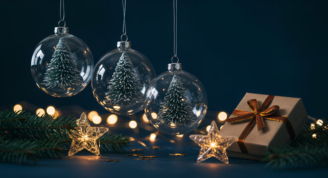 Elegant Christmas Ornaments and Gift Box with Festive Lights