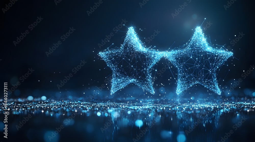 Aufkleber Two interconnected, star-shaped figures constructed from wireframe lines hover above a shimmering, reflective surface, creating a modern and ethereal aesthetic. Abstract wireframe in dark blue.