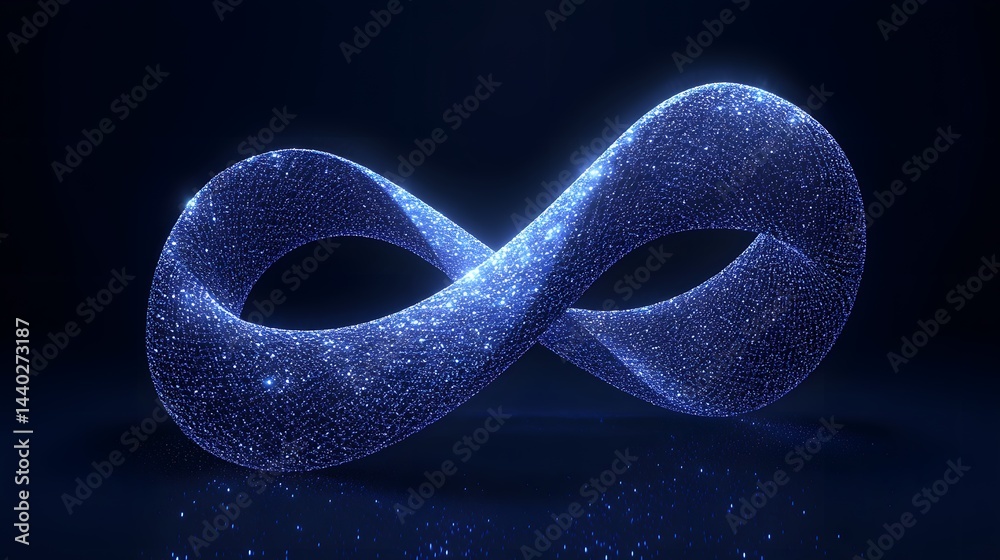 Poster A luminous, blue infinity symbol shimmers with particles, reflected on a dark surface against a deep blue background. Dynamic and captivating visual. Abstract wireframe in dark blue.