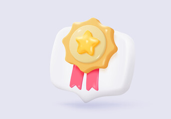 3d winner medal with star and ribbon on certificate. Quality guarantee of product champion award with cartoon minimal style. 3d winning rating icon vector rendering illustration