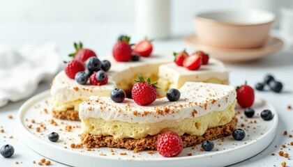 Delicious creamy cake with berries kitchen food photography bright top-down view culinary delight