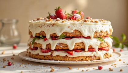 Delicious strawberry layer cake recipe kitchen food photography cozy atmosphere close-up baking inspiration