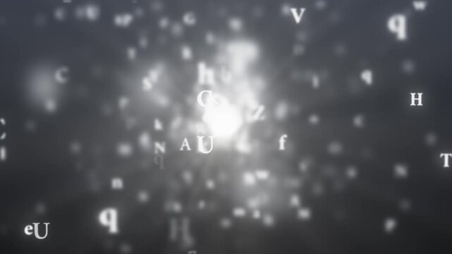 Background with abstract flying letters. Appearing and disappearing letters with depth of field on a dark background. Seamless loop.