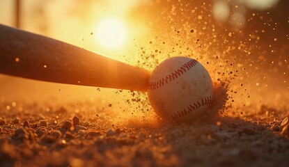 Dramatic close-up of a baseball being struck at sunset, unleashing a burst of dust and dirt, embodying the raw intensity of the game.