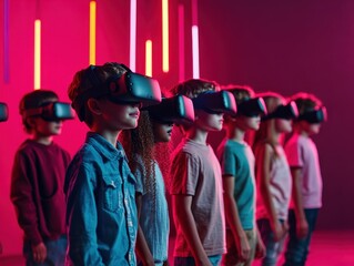 Naklejka premium Children Immersed in Virtual Reality with Neon Lights