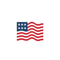 A stylized American flag featuring a blue canton with six white stars and red and white wavy stripes.