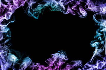 Bright color smoke in air on black background, space for text