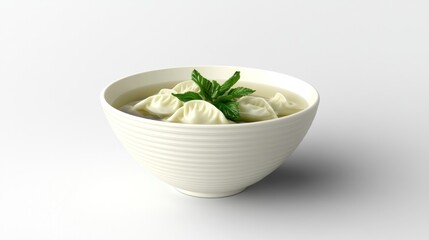 Dumpling soup bowl, studio shot, white background