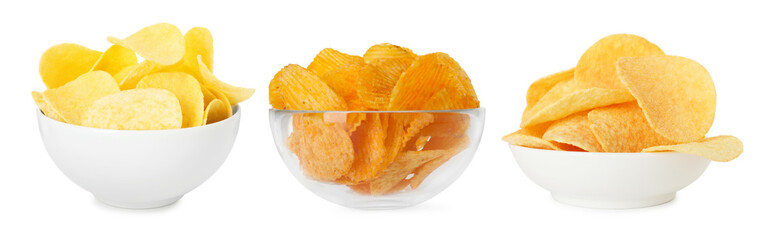 Delicious crispy potato chips in bowls isolated on white, collage