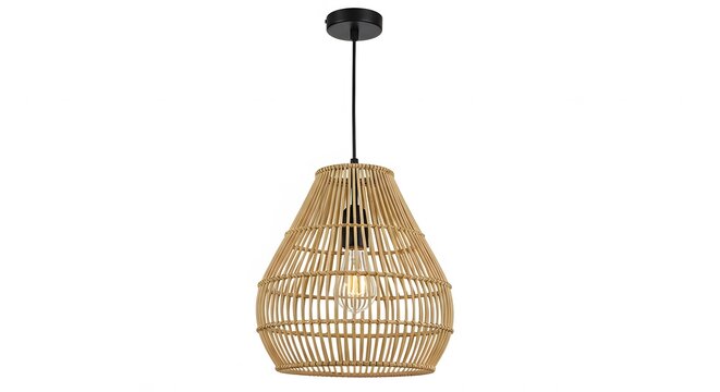 AI image displaying a stylish woven rattan pendant light fixture with a vintage Edison bulb, isolated on a clean white background.