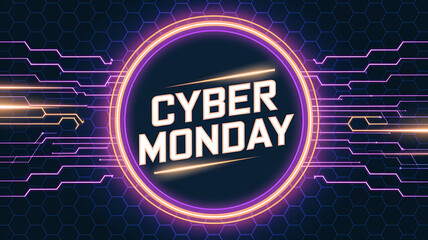 Cyber Monday text inside a glowing circle set against a dark hexagonal background with neon circuit patterns.