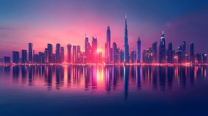Fototapeta premium 3D rendering of a futuristic city skyline with neon lights at dusk