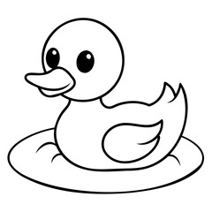 Adorable Cartoon Duckling Sitting in Pond Black Outline Vector