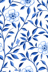 Fototapeta premium Blue and white french floral seamless pattern on a white background